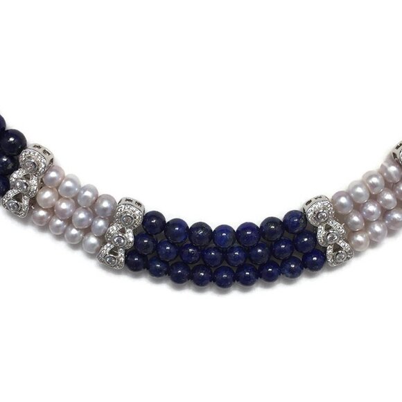 Three Strands Lapis  And Silver Pearl necklace - Picture 3 of 4